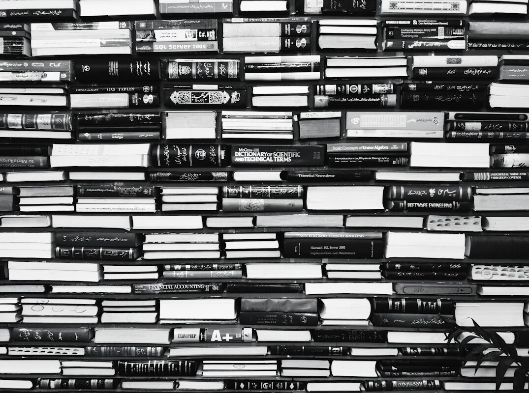 Rows of books on library shelves